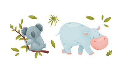 Cute exotic animals set. Koala and hippopotamus cartoon vector illustration