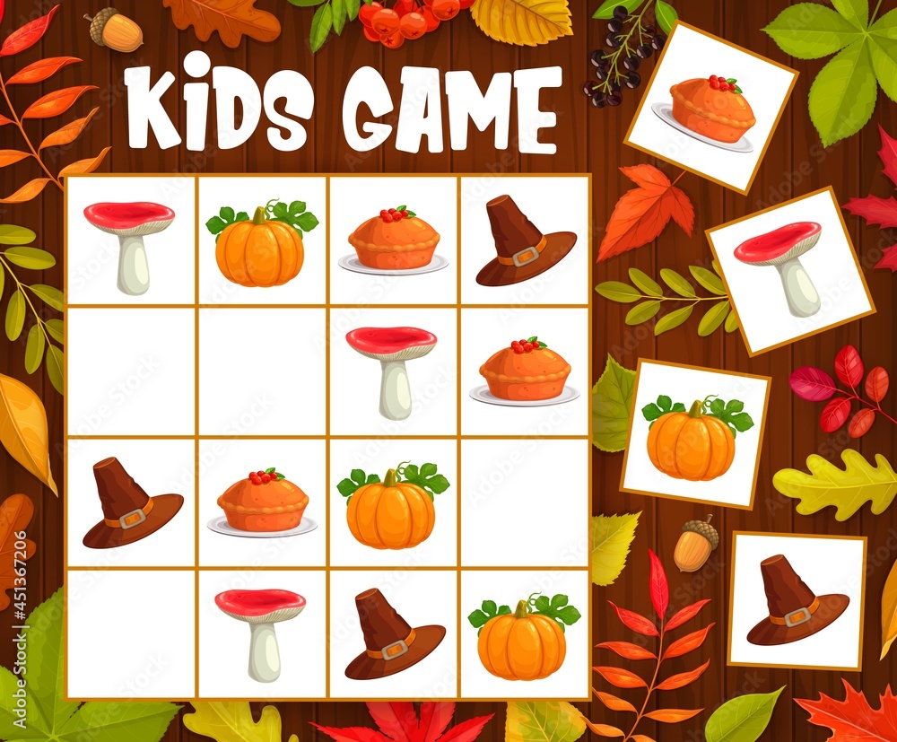 Poster Kids sudoku game with thanksgiving and autumn objects. Vector riddle with cartoon mushroom, hat, pumpkin and pie on chequered field of board game. Educational task, children crossword teaser boardgame