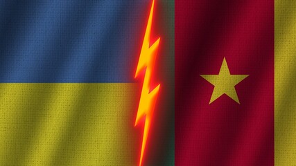 Cameroon and Ukraine Flags Together, Wavy Fabric Texture Effect, Neon Glow Effect, Shining Thunder Icon, Crisis Concept, 3D Illustration