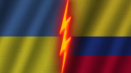 Colombia and Ukraine Flags Together, Wavy Fabric Texture Effect, Neon Glow Effect, Shining Thunder Icon, Crisis Concept, 3D Illustration