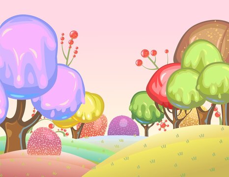Candy background. Cartoon sweet land. Beads of jelly, ice cream and caramel. Chocolate. Cute childrens fairy landscape. Sky. Beautiful fantastic illustration. Vector