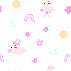 Bunnies seamless patterns in vector. Cute bunnies and flowers background for kids apparel, textile, fabric, wrapping paper
