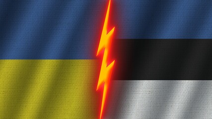 Estonia and Ukraine Flags Together, Wavy Fabric Texture Effect, Neon Glow Effect, Shining Thunder Icon, Crisis Concept, 3D Illustration
