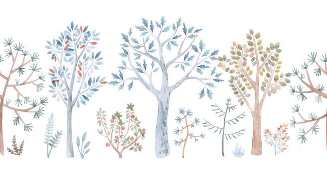 Beautiful winter seamless pattern with hand drawn watercolor cute trees. Stock illustration.