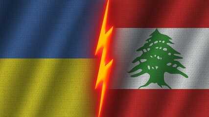 Lebanon and Ukraine Flags Together, Wavy Fabric Texture Effect, Neon Glow Effect, Shining Thunder Icon, Crisis Concept, 3D Illustration
