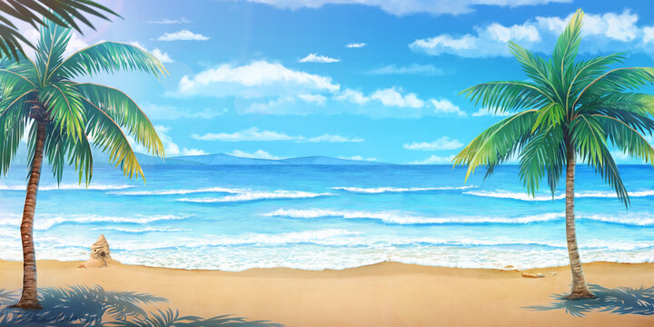 Sea - Day , Anime background, 2D Illustration.	
