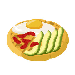 waffle with fried egg, avocado slices and goji berries