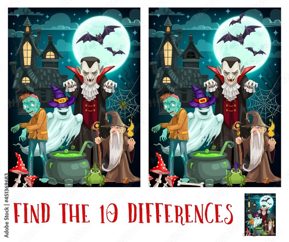 Poster child spot differences game with halloween monsters. kids find details exercise, children playing ac