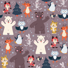 Seamless pattern with funny animals polar bear, penguin, owl, rabbit characters and fir trees isolated. For Christmas cards, invitations, packaging paper etc. Vector flat cartoon illustration.