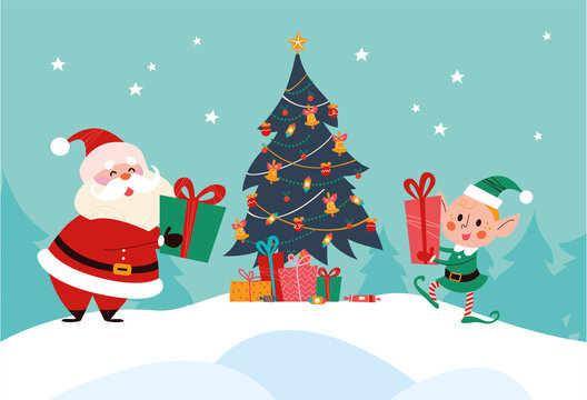 Winter holiday illustration with cute Santa Claus and elf  characters at decorated xmas fir tree on snowy mountain landscape. Vector cartoon flat concept. For card, package, banner, invitation.