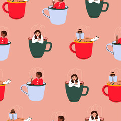 Obraz premium Set of Cute girls sitting in the giant Cups. Funny characters. Hand drawn colored trendy Vector illustration. Cartoon style. Square seamless Pattern. Background, wallpaper