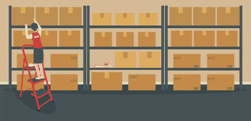 Warehouse or storeroom: storekeeper on ladder near rack with cardboard boxes.Cargo in packages, tape dispenser and folders on shelf, staircase.Place of work for warehousewoman.Vector illustration