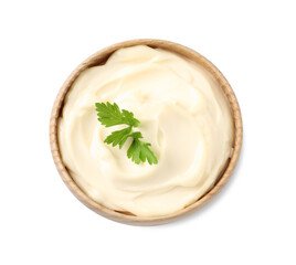 Bowl with delicious mayonnaise and parsley isolated on white, top view
