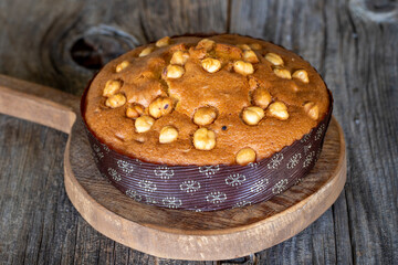 Hazelnut Cake on a wooden background. Close-up cake
