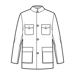 Mao jacket technical fashion illustration with oversized, classic collar, flap pockets, long sleeves, button closure. Flat coat apparel template front, white color style. Women, men, unisex CAD mockup © Vectoressa