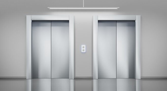 Metal elevators with closed cabin doors in hallway. Interior empty office lobby, hotel hall or corridor in house with passenger lifts and panel with chrome buttons. Realistic illustration, 3d render