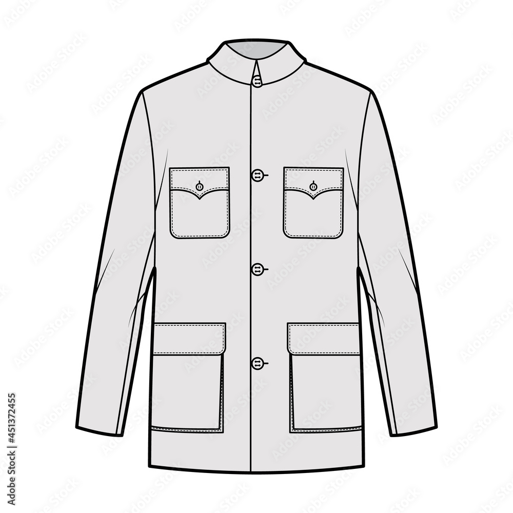 Wall mural Mao jacket technical fashion illustration with oversized, classic collar, flap pockets, long sleeves, button closure. Flat coat apparel template front, grey color style. Women, men, unisex CAD mockup - Wall murals