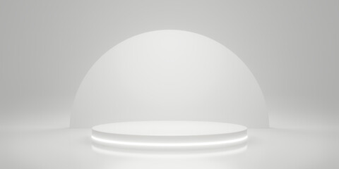 Blank white gradient background with circle glowing product display platform. Empty studio with podium pedestal on a white backdrop. 3D rendering