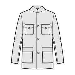 Mao jacket technical fashion illustration with oversized, classic collar, flap pockets, long sleeves, button closure. Flat coat apparel template front, grey color style. Women, men, unisex CAD mockup © Vectoressa