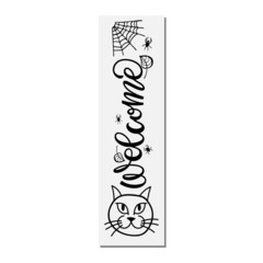Welcome lettering with witch cat head and spider web sketch. Vertical halloween sign. Front Porch Sign. Black-and-white vector illustration. Halloween Welcome Porch Sign. 