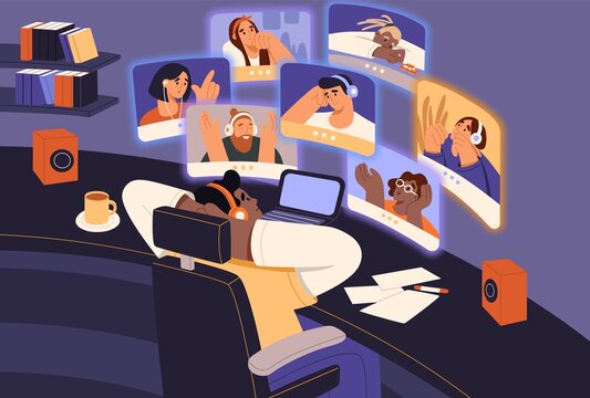 People chatting at online conference video call. Man meeting and talking with international friends on virtual computer screens through internet. Flat vector illustration of digital group videocall