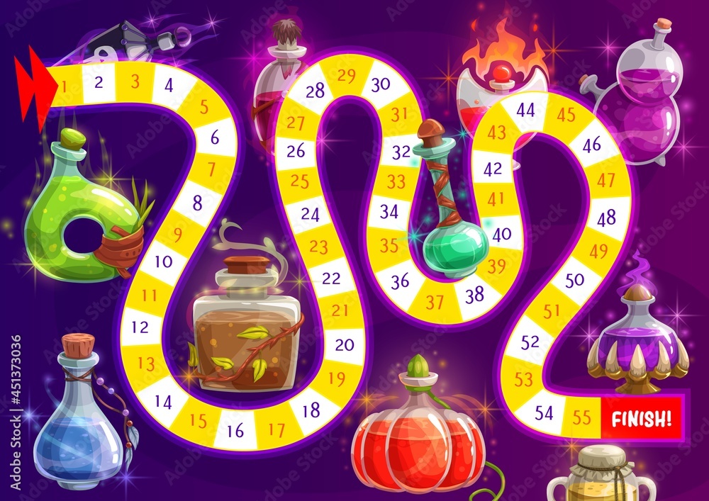 Aufkleber path board game, puzzle or maze with cartoon vector magic potion bottles. children dice boardgame wi