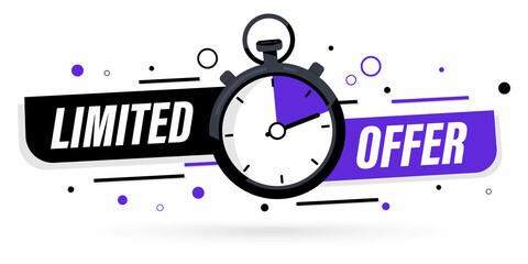 Limited offer with clock for promotion, banner, price. Super promo with countdown or exclusive deal. Last minute offer one day sales and timer. Last minute chance Auction tag - obrazy, fototapety, plakaty