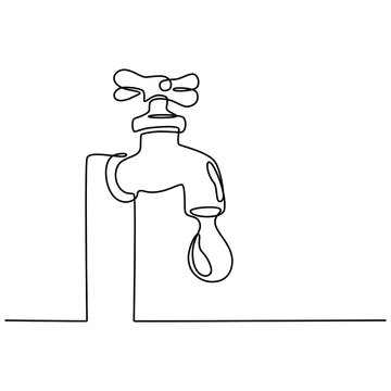 Continuous line drawing of water faucet with water drops vector illustration