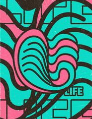 Contemporary art poster. Abstract liquid shapes in green and, pink with the caption "LIFE".