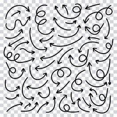 Arrows hand drawn vector set isolated on transparent background. Sketch arrow design for application, banner, print screen, pen marks, map.