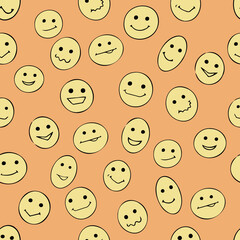 Cute seamless positive pattern with different circle smiles. World smile day pattern.