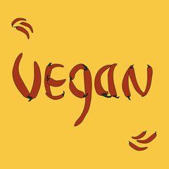 Obraz premium Word Vegan made of red chilly peppers on yellow background. Made in vector. Template for banner, menu, cards.