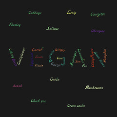 Word Vegan made of colorful stylised lettering names of vegetables on black background. Made in vector. Template for banner, menu, cards.