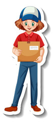 A sticker template with delivery woman in uniform holding boxes