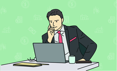 A businessman man at a laptop in the office, a dark-haired man in a jacket makes calculations on a green background with dollar symbols, graphs, money