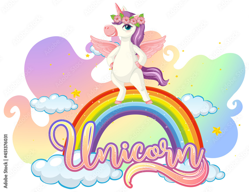 Wall mural cartoon character of unicorn standing on rainbow with unicorn font