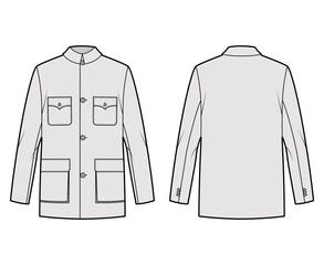 Mao jacket technical fashion illustration with oversized, classic collar, pockets, long sleeves, button closure. Flat coat apparel template front, back, grey color style. Women, men, unisex CAD mockup