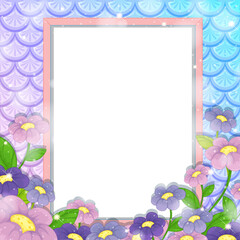 Fototapeta premium Blank banner on rainbow fish scales background with many flowers