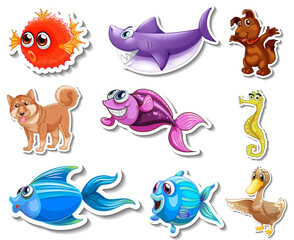 Set of stickers with sea animals and dogs cartoon character