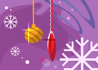 Banner with christmas tree toys. Holiday postcard design in cartoon style.
