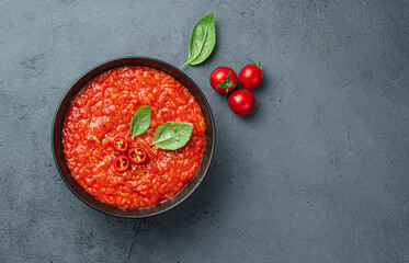 Tomato sauce with pepper and fresh basil on a dark background.