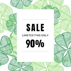 Sale banner design with tropical leaves background. Special offer mega sale banner background template
