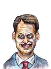 Crazy man drawing. Watercolor on a white background. A character with an abnormal and strange look, smiles. Multi-colored bright colors.