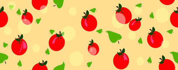 Red tomatoes and green leaves. Vector illustration of a seamless pattern on a beige background.