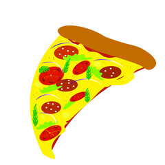 Illustration of one slice of pizza with cheese, sausage, tomatoes and herbs.