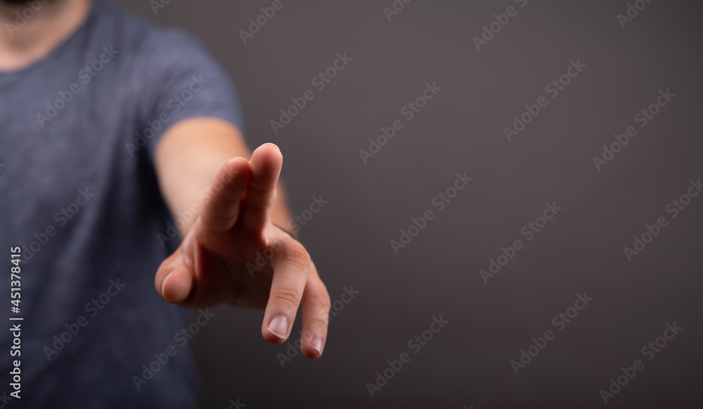 Poster businessman pointing or touching finger in screen..