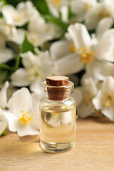 Fototapeta na wymiar Jasmine essential oil and fresh flowers on wooden table