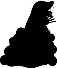 Black silhouette with cartoon mole and molehill isolated on white background - obrazy, fototapety, plakaty