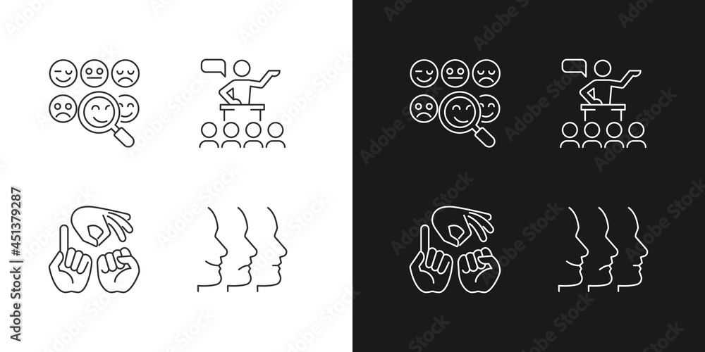 Poster building relationships with people linear icons set for dark and light mode. reading emotions. hand 
