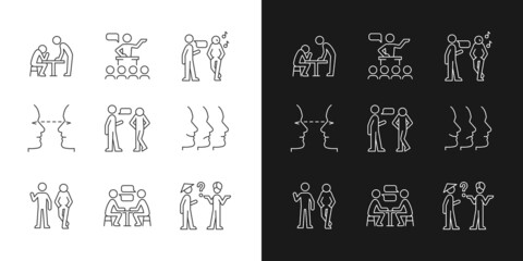 Communication process linear icons set for dark and light mode. Physical behavior. Public speech. Eye contact. Customizable thin line symbols. Isolated vector outline illustrations. Editable stroke
